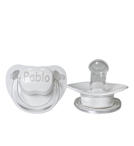 Canastilla babero y chupete personalizado con complementos para recién nacido gris