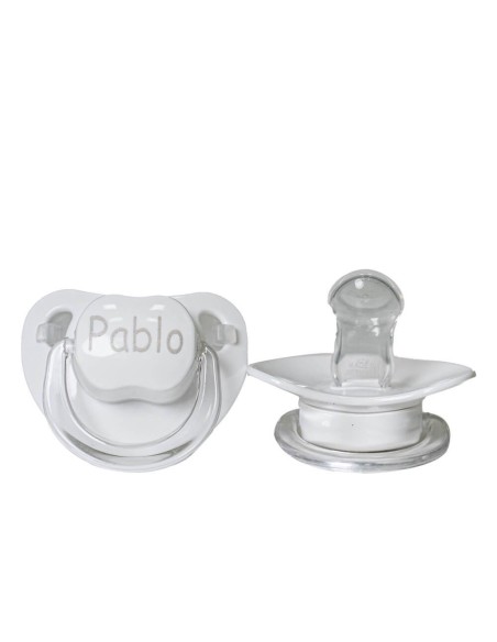 Canastilla babero y chupete personalizado con complementos para recién nacido gris