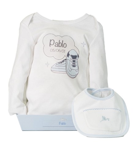 Babero con bolsillo delantero y body personalizado azul