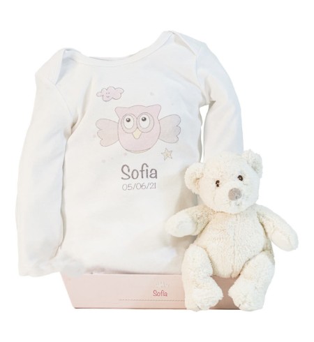 Oso de peluche y body personalizado con nombre del bebé rosa