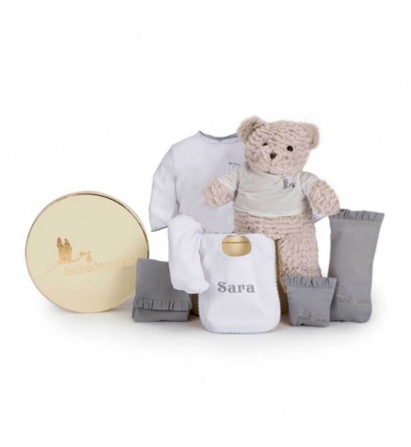 Canastilla Bebé Mi Babero Bordado gris