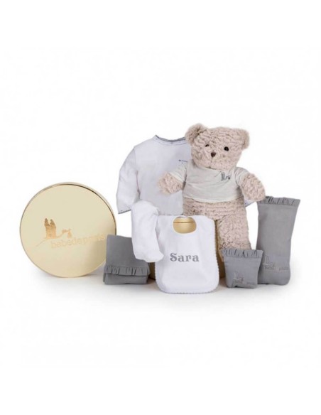 Canastilla Bebé Mi Babero Bordado gris