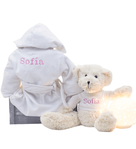 Kit Albornoz Bordado y Osito de Peluche gris azul