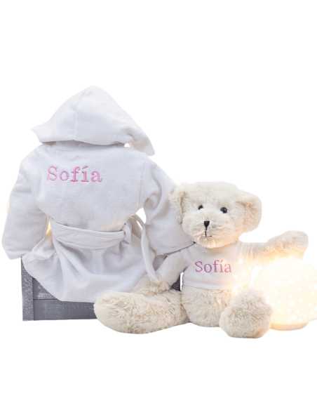 Kit Albornoz Bordado y Osito de Peluche gris rosa