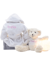 Kit Albornoz Bordado y Osito de Peluche gris rosa