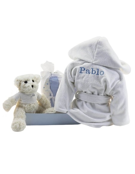 Kit Albornoz Bordado Muselina y Osito de Peluche azul