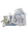 Kit Albornoz Bordado Muselina y Osito de Peluche azul