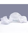 Conjunto patucos manoplas y gorro personalizado blanco