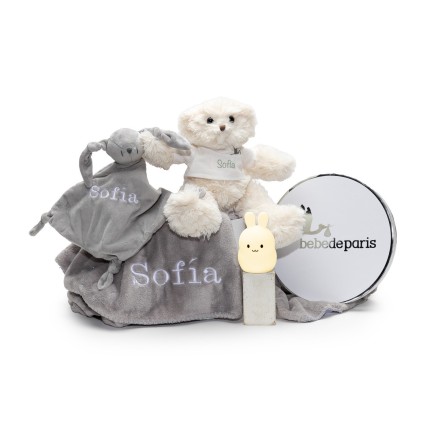 Lámpara de Luz + Oso de Peluche + Doudou y Manta Bordada con Nombre de Bebé