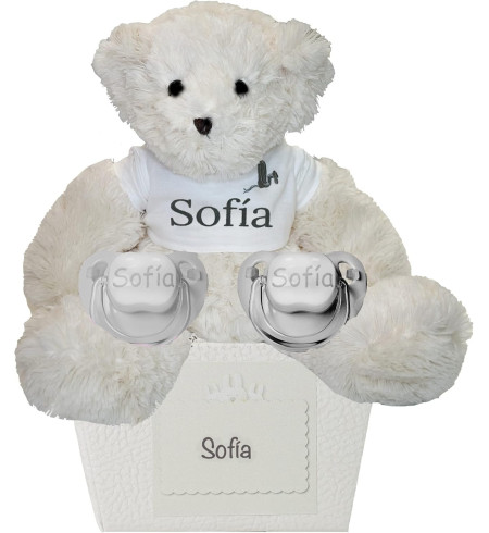 Pack de 2 chupetes personalizados y oso de peluche | Regalo tierno y práctico para bebé