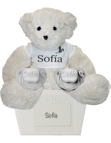 Pack de 2 chupetes personalizados y oso de peluche | Regalo tierno y práctico para bebé