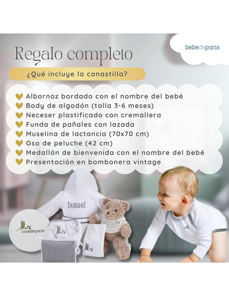 Canastilla Bebé con Albornoz Bordado | Regalo Personalizado - Bebé de París
