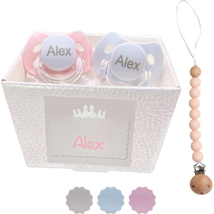 🎁 Chupetes personalizados con el nombre del bebé en caja de regalo exclusiva