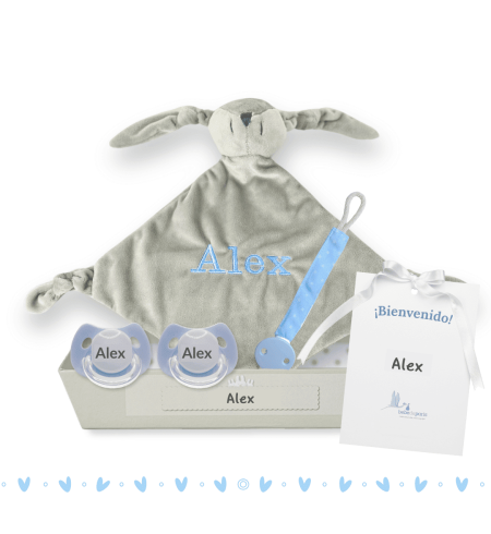 Pack de Doudou y 2 chupetes personalizados con nombre | Con sujetachupetes para bebé