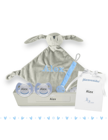 Pack de Doudou y 2 chupetes personalizados con nombre | Con sujetachupetes para bebé