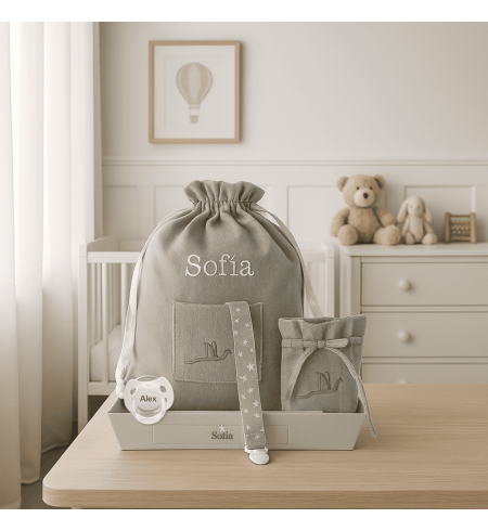 Chupete personalizada, funda de chupete y bolsa guardería