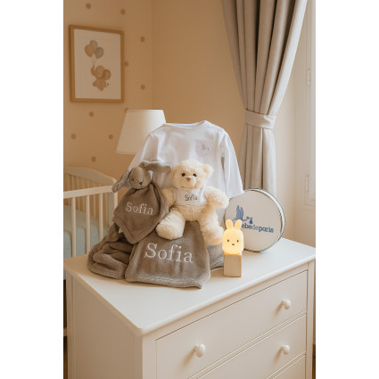 Set de Gorro, Manoplas, Patucos Personalizados y Chupete con Nombre | Regalo para Bebé