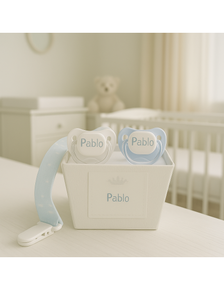 Pack de Doudou y 2 chupetes personalizados con nombre | Con sujetachupetes para bebé