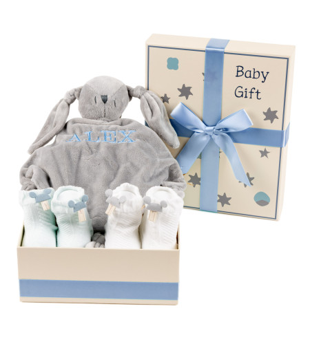 Caja Regalo para Bebé con Dou-Dou Bordado y Calcetines – Detalle Personalizado para Recién Nacido