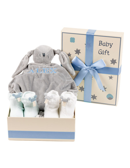 Caja Regalo para Bebé con Dou-Dou Bordado y Calcetines – Detalle Personalizado para Recién Nacido