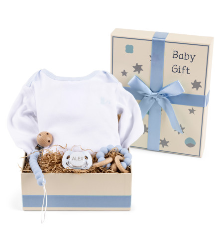 Caja Regalo con Body, Chupete, Mordedor y Pinza – Regalo Bebé con Estilo