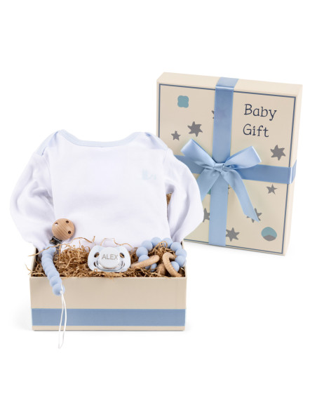 Caja Regalo con Body, Chupete, Mordedor y Pinza – Regalo Bebé con Estilo