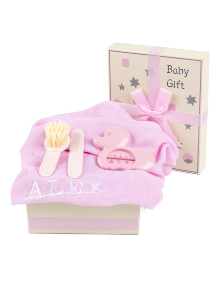 Caja Regalo con Muselina Bordada, Termómetro y Cepillo – Práctico y Adorable