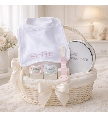 Set de Dos Chupetes, Chupetero y Babero Personalizados | Regalo para Bebé