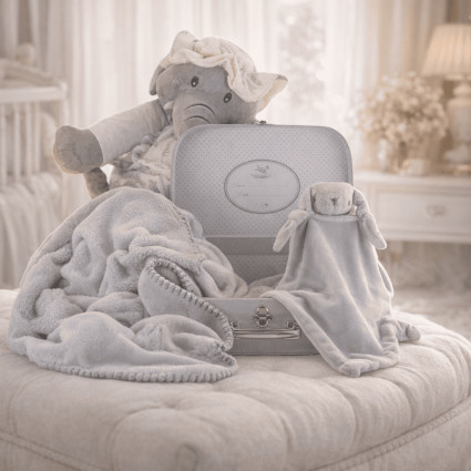 Canastilla con maleta, manta y doudou personalizados | Regalo elegante para bebé 2