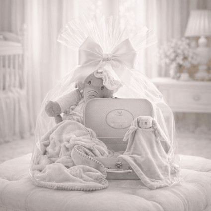 Canastilla con maleta, manta y doudou personalizados | Regalo elegante para bebé