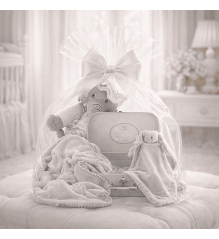 Canastilla con maleta, manta y doudou personalizados | Regalo elegante para bebé