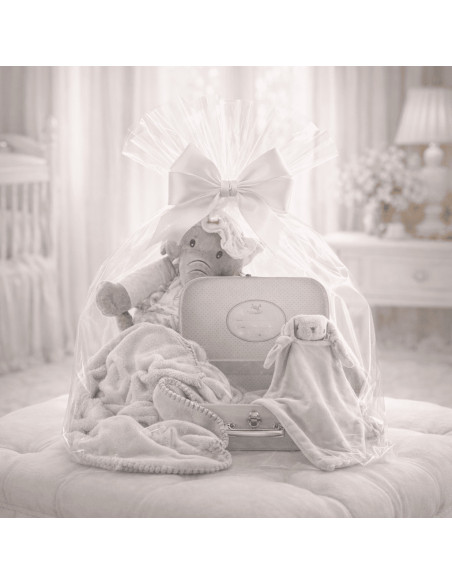 Canastilla con maleta, manta y doudou personalizados | Regalo elegante para bebé