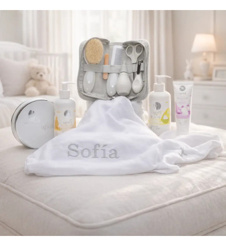 Canastilla Cosmética y Muselina Personalizada | Regalo de Nacimiento con Encanto