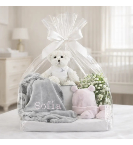 Canastilla con manta bordada y peluche | Regalo completo para recién nacido