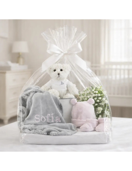 Canastilla con manta bordada y peluche | Regalo completo para recién nacido