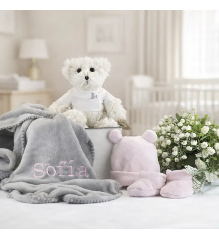 Canastilla con manta bordada y peluche | Regalo completo para recién nacido