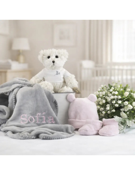 Canastilla con manta bordada y peluche | Regalo completo para recién nacido