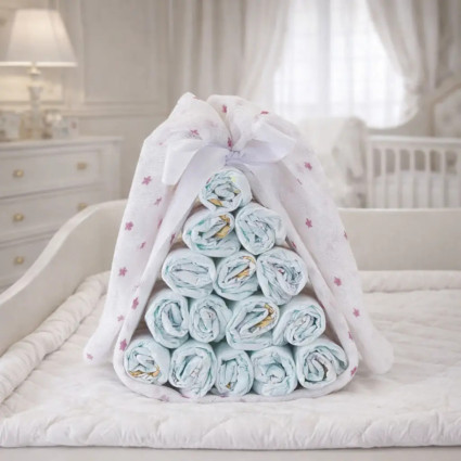 Caramelo de pañales con muselina personalizada | Regalo tierno y práctico para bebé 2