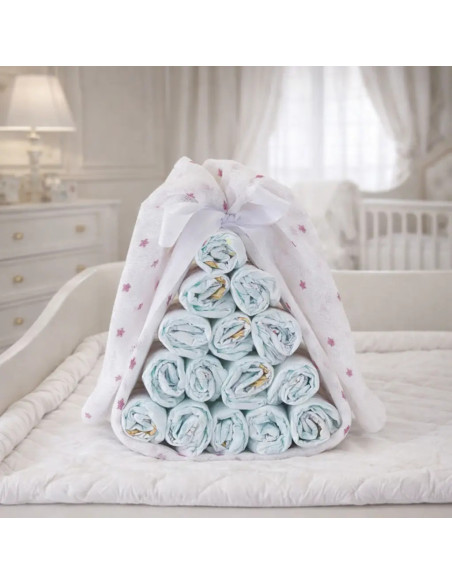 Caramelo de pañales con muselina personalizada | Regalo tierno y práctico para bebé