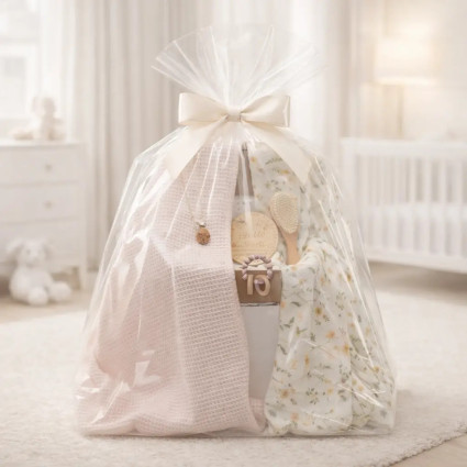 Regalo sostenible para bebé: 2 muselinas, mordedor y chupetero rosa