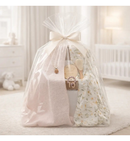 Regalo sostenible para bebé: 2 muselinas, mordedor y chupetero rosa