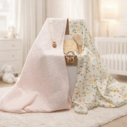 Regalo sostenible para bebé: 2 muselinas, mordedor y chupetero rosa 2