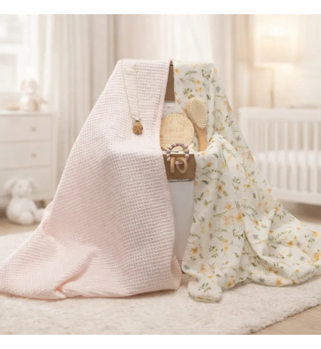 Regalo sostenible para bebé: 2 muselinas, mordedor y chupetero rosa