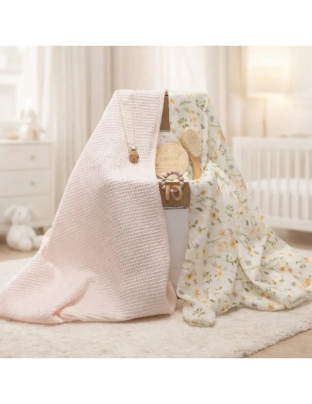 Regalo sostenible para bebé: 2 muselinas, mordedor y chupetero rosa