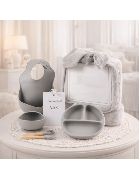 Vajilla de silicona + Manta polar invernal personalizada | Regalo Práctico para Bebé