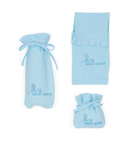 Funda de pañales, biberón y chupete azul 