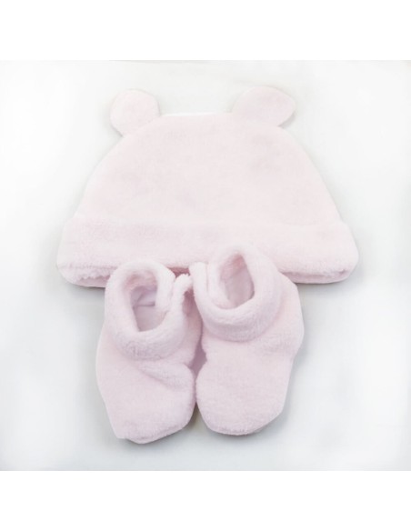 Canastilla Manta Bordada Oso Peluche y Conjunto Gorro y Calcetines rosa