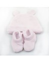 Canastilla Manta Bordada Oso Peluche y Conjunto Gorro y Calcetines rosa