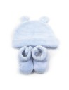 Canastilla Manta Bordada Oso Peluche y Conjunto Gorro y Calcetines Azul