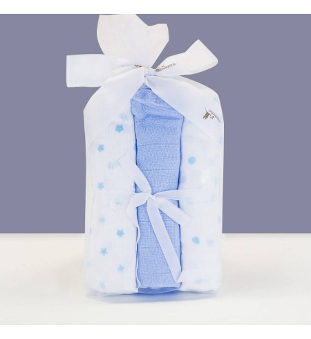 Kit Albornoz Bordado Muselina y Osito de Peluche azul